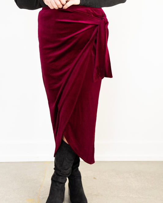 Velvet Wrap Midi Skirt