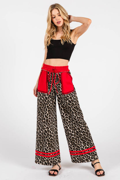 LEOPARD PRINT TERRY WIDE LEG PANTS