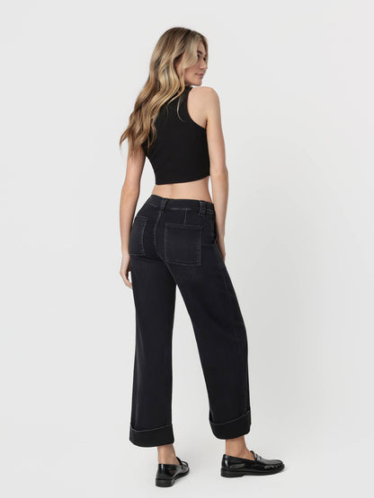 HR Elastic Waist Cuffed Wide Leg Jean-Black