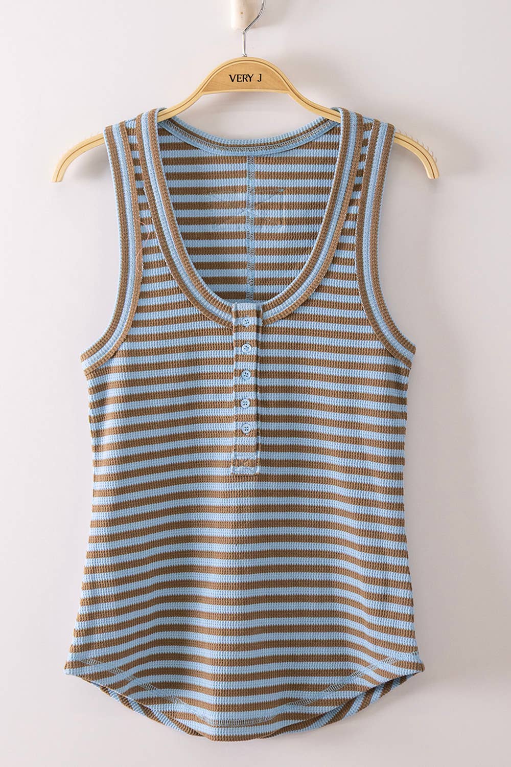 Striped Button Down Fitted Knit Tank: SKY/MOCHA STRIPE