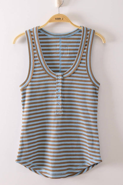 Striped Button Down Fitted Knit Tank: SKY/MOCHA STRIPE