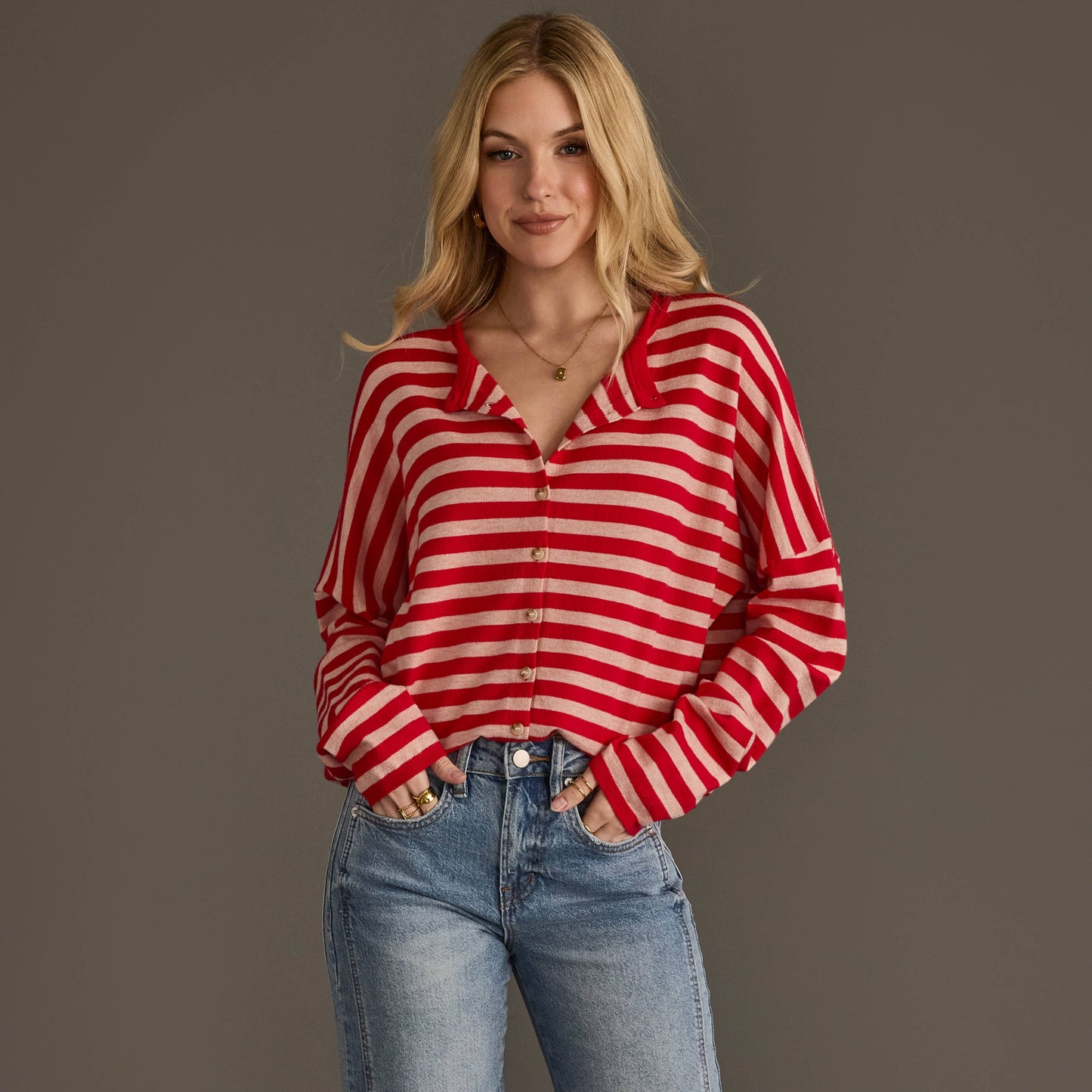 Red & Lt. Pink Striped Cardigan