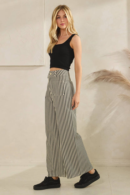 Lightweight Twill Stripe Wide Leg Pants (black)