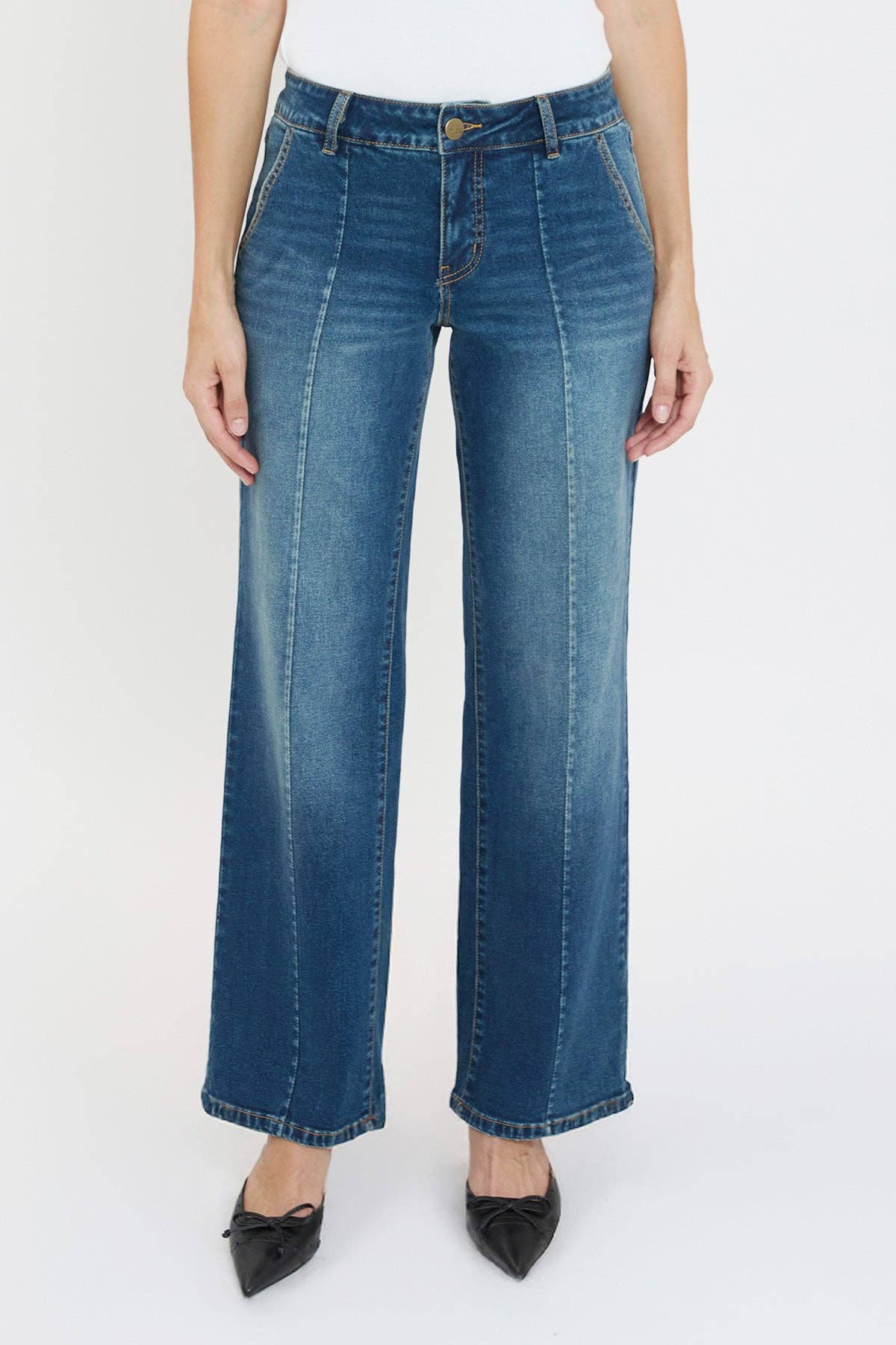 Mid Rise Front Seam Wide Leg Jeans