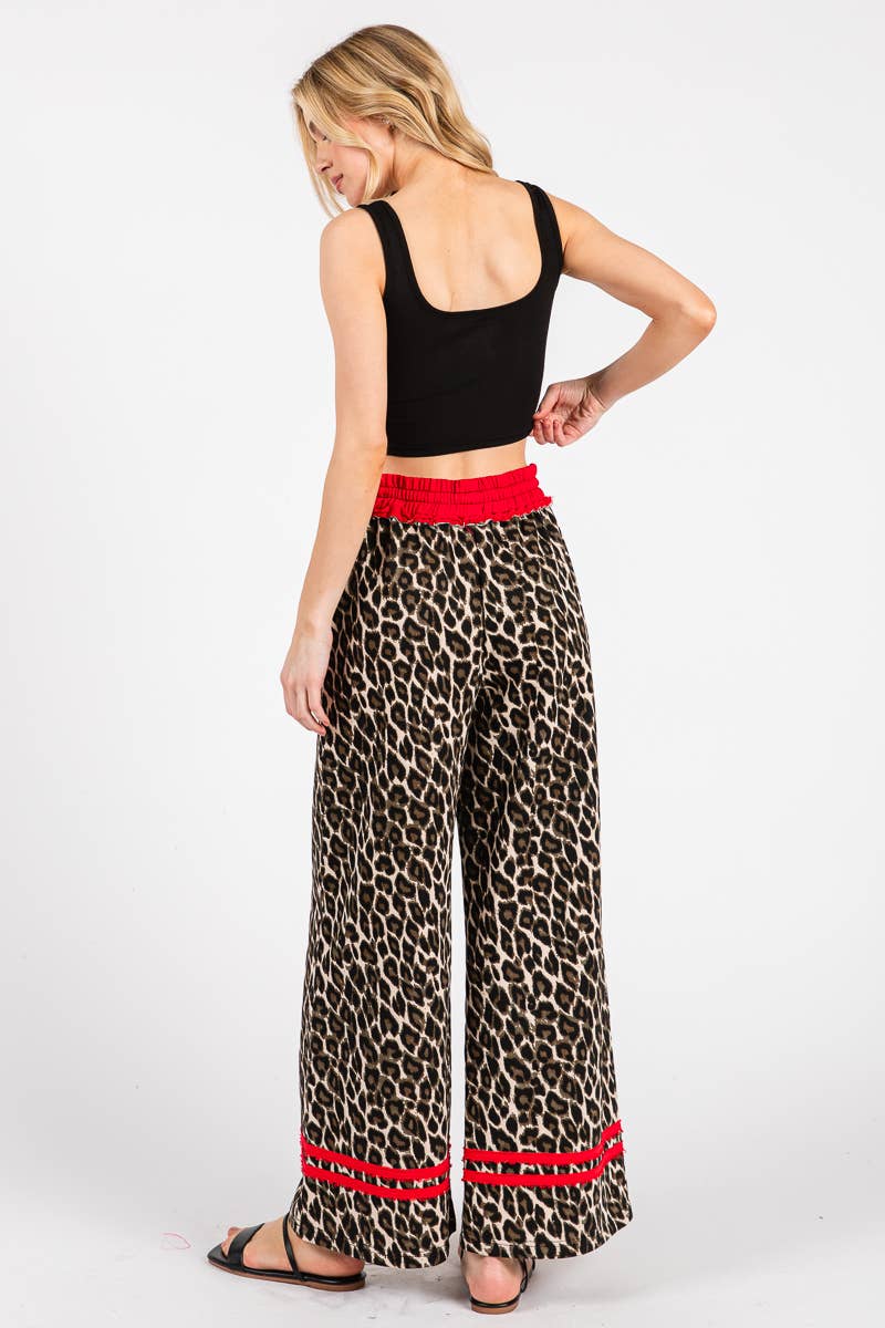 LEOPARD PRINT TERRY WIDE LEG PANTS