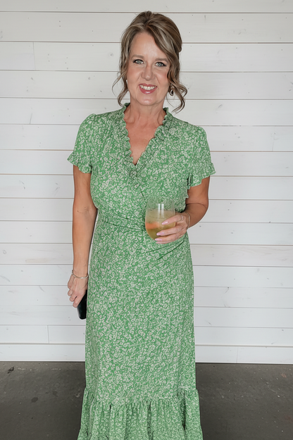 Floral Print Ruffle Trim Dress: Green