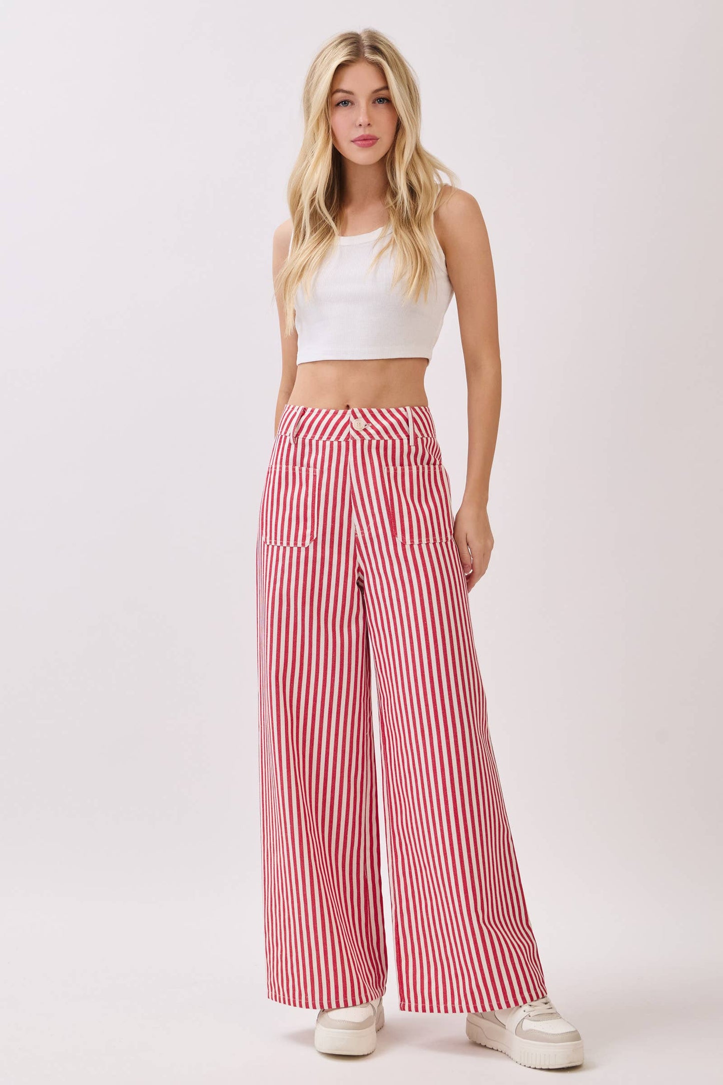 Lightweight Twill Stripe Wide Leg Pants (RED)