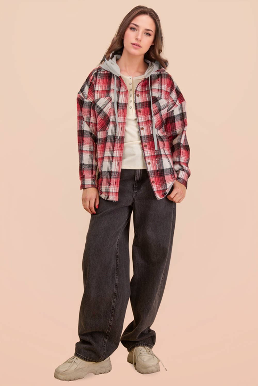 Oversized Flannel Hooded Button Down Jacket: RED MIX