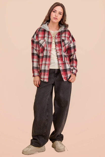 Oversized Flannel Hooded Button Down Jacket: RED MIX