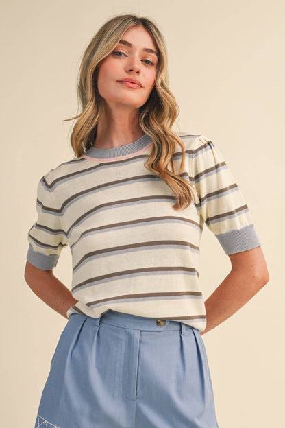 Striped Short Sleeve Sweater: Ivory/Brown/Blue