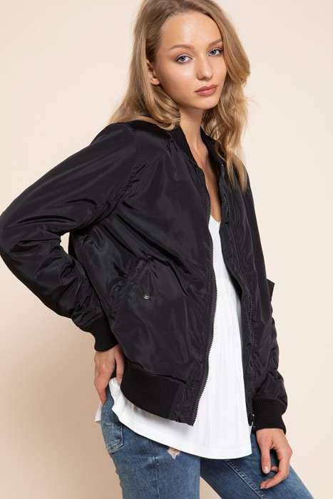 SATIN BOMBER JACKET: BLACK