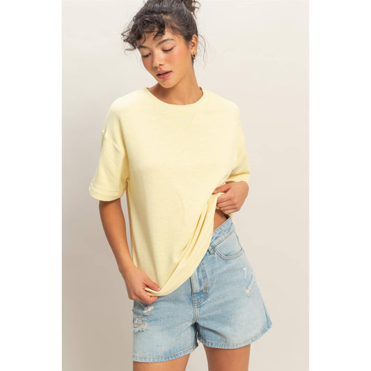 Crew Neck Short Sleeve Top: PALE YELLOW