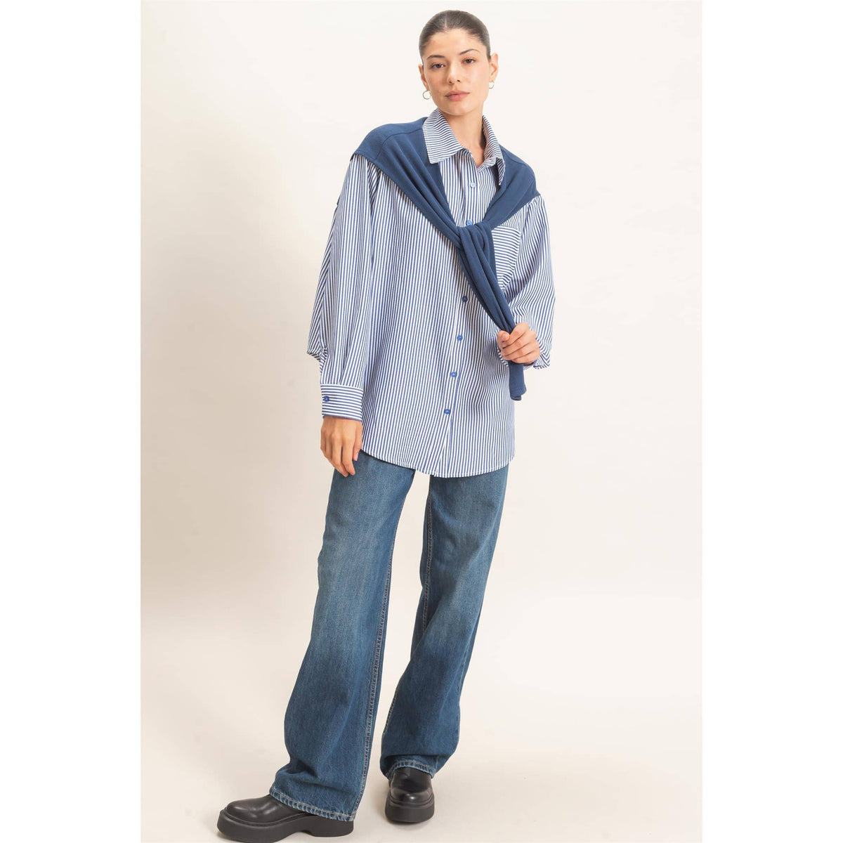 Striped Button-Up Shirt With Faux Tie: NAVY
