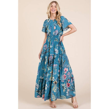 Floral Print Split Neck Tiered Maxi Dress: BLUE COMBO
