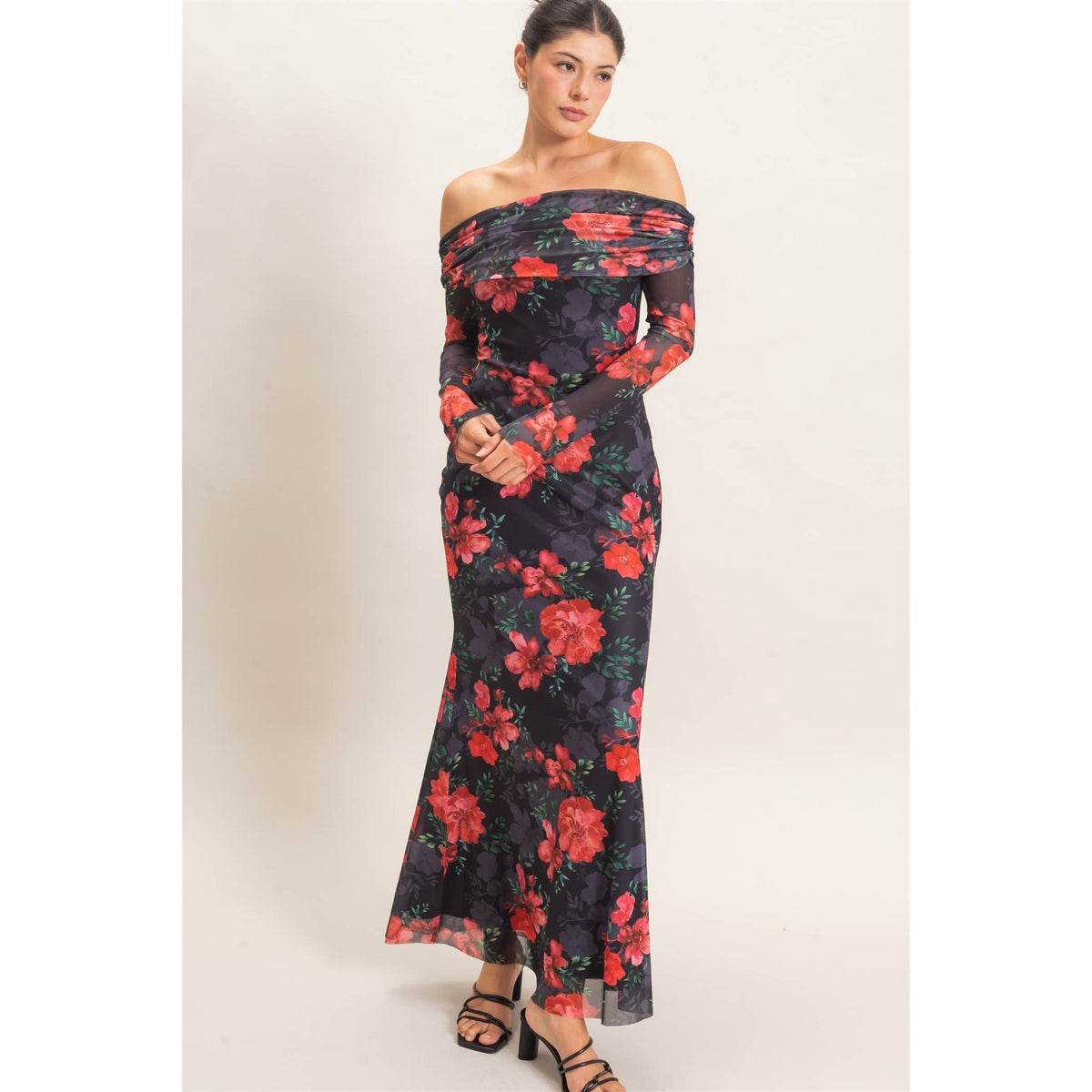 Off Shoulder Floral Mesh Dress