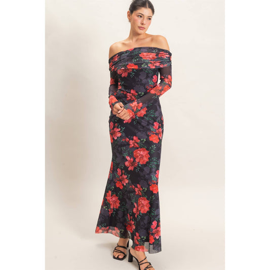 Off Shoulder Floral Mesh Dress