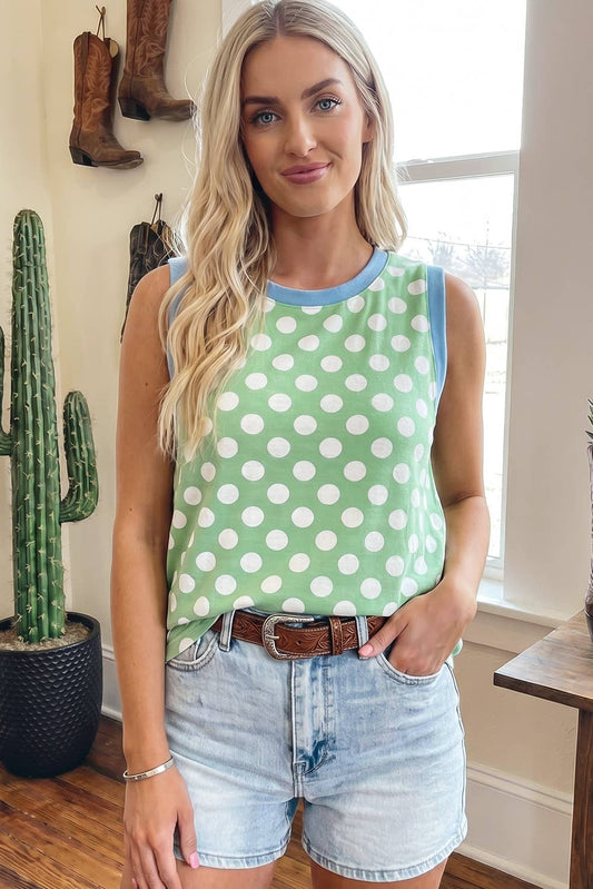 Polka Dot Contrast Trim Tank: Green