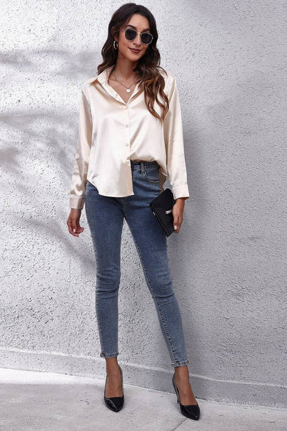 Button Down Satin Long Sleeve Top: White