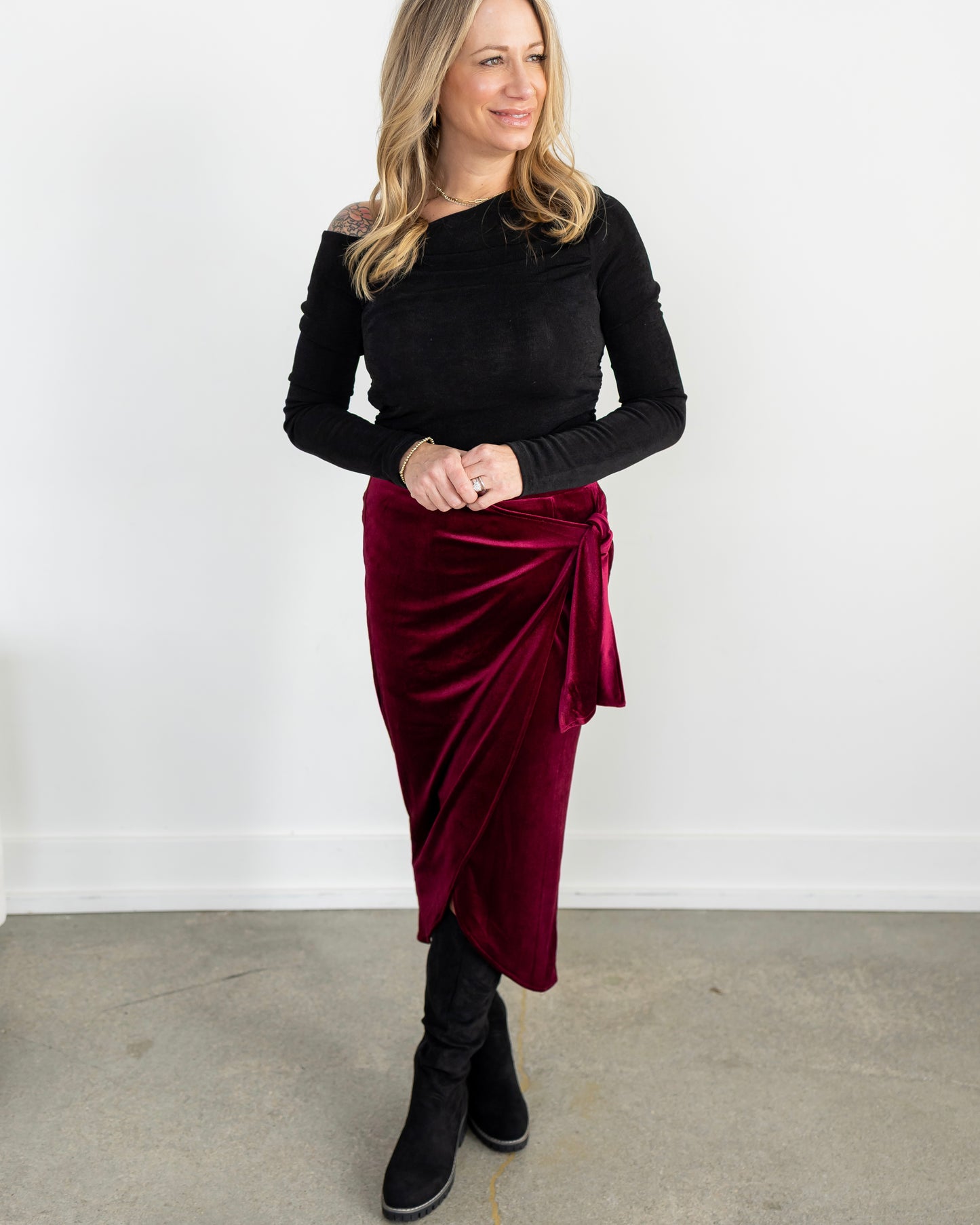 Velvet Wrap Midi Skirt