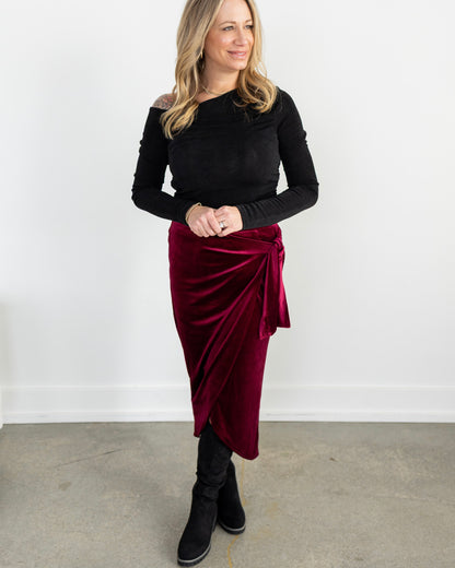 Velvet Wrap Midi Skirt