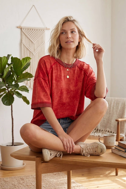 Mineral-Washed Oversized French Terry Top: Red