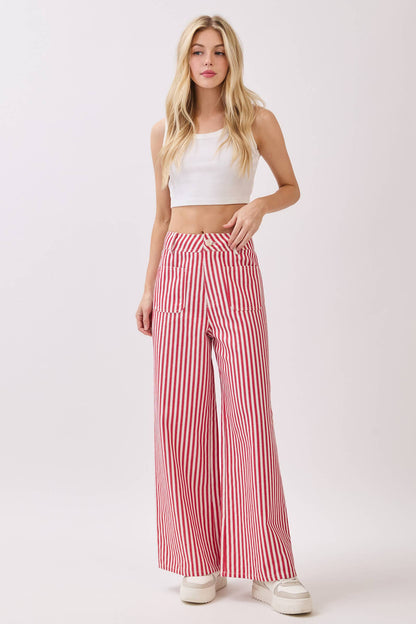 Lightweight Twill Stripe Wide Leg Pants (RED)