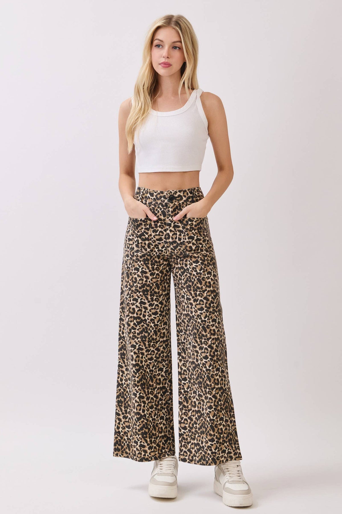 Stretch Twill Leopard Wide Leg Pants: BROWN