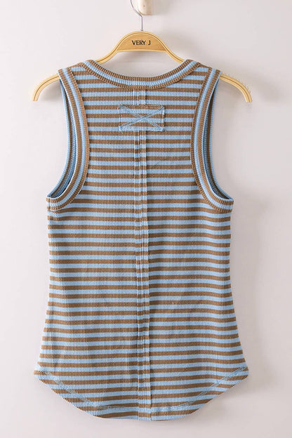 Striped Button Down Fitted Knit Tank: SKY/MOCHA STRIPE