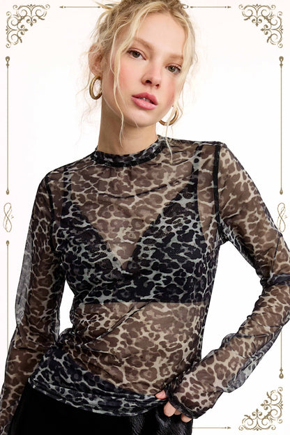 Semi Sheer Leopard Long Sleeve Mesh Top