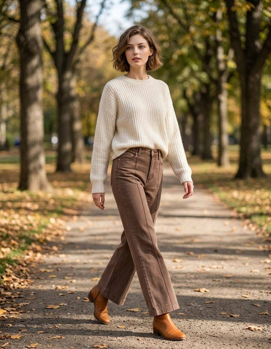 HR Wide Leg Pintuck Denim: RUM BROWN
