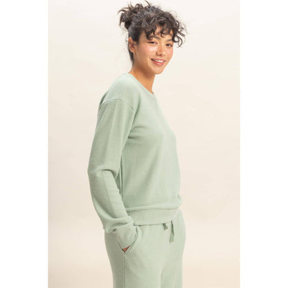 Brushed Crew Neck Long Sleeve Top: SAGE GREEN