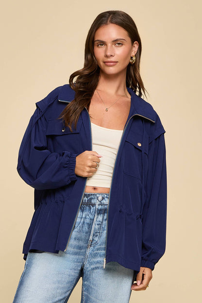 Double Breast Pocket Jacket w/ Hood: NAVY
