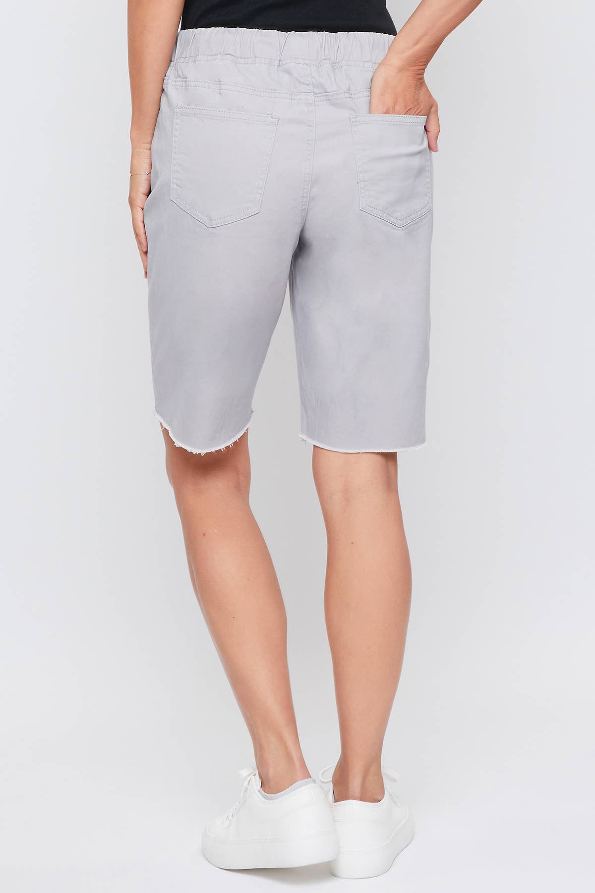 Drawstring Waist Bermuda With Fray Hem-Grey