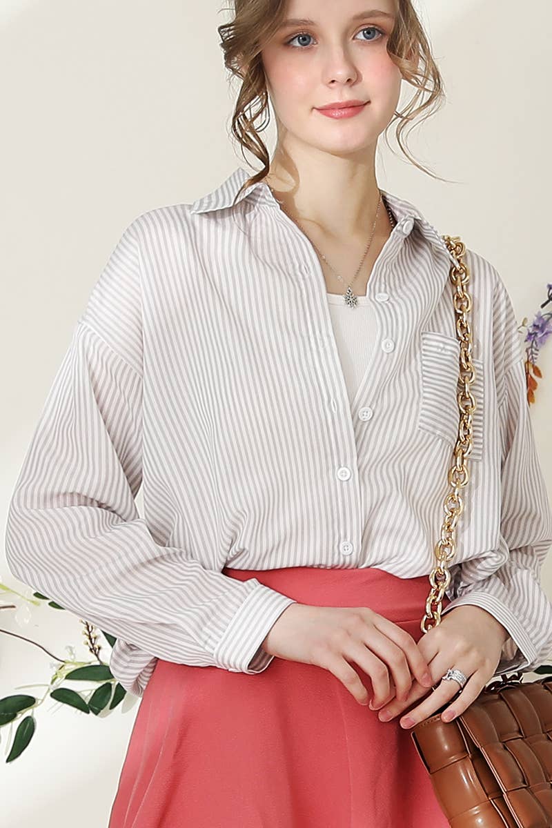 Striped Button Down Long Sleeve Shirt: GREYWHITE