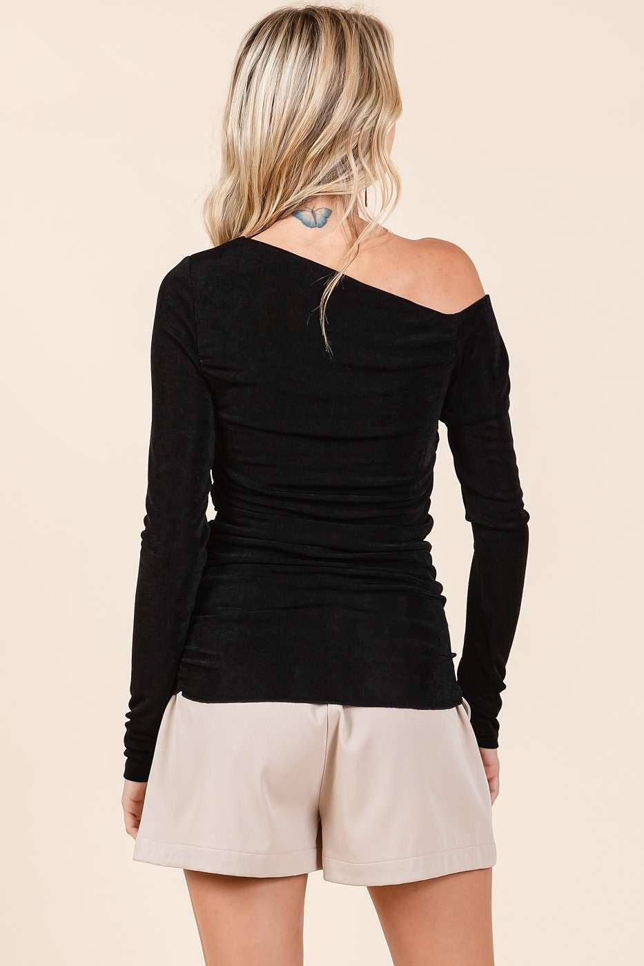 Rib Knit One Shoulder Long Sleeve Top