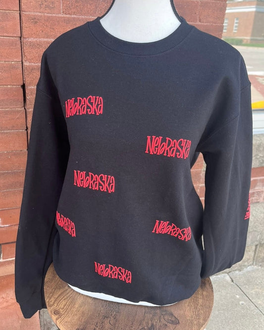 Nebraska All Over Puff Print Crewneck (Black)