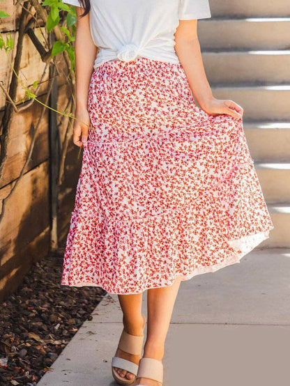 Amara Red Floral Tiered Midi Skirt