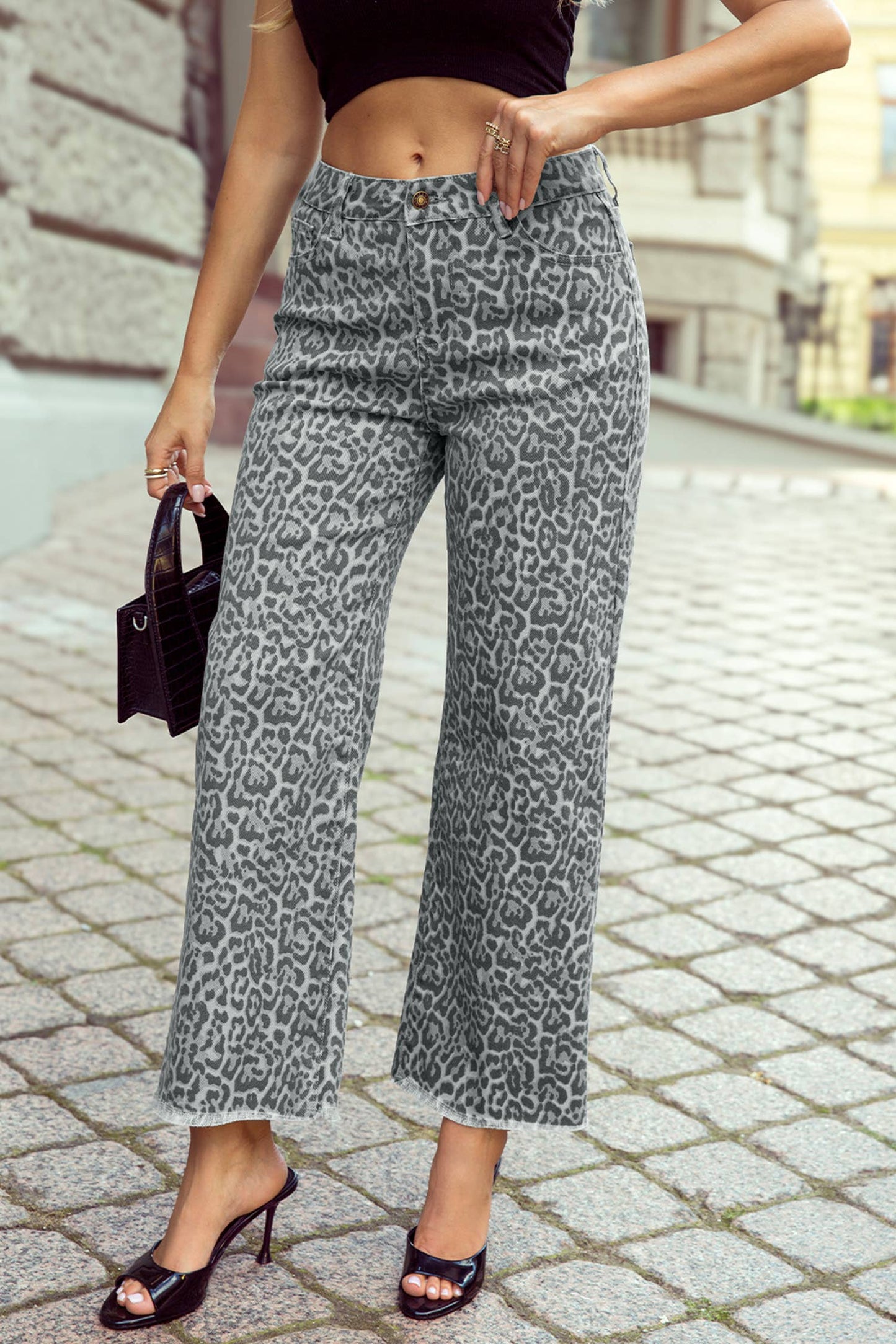 Grey Leopard Wide Leg HW Stretch Jeans