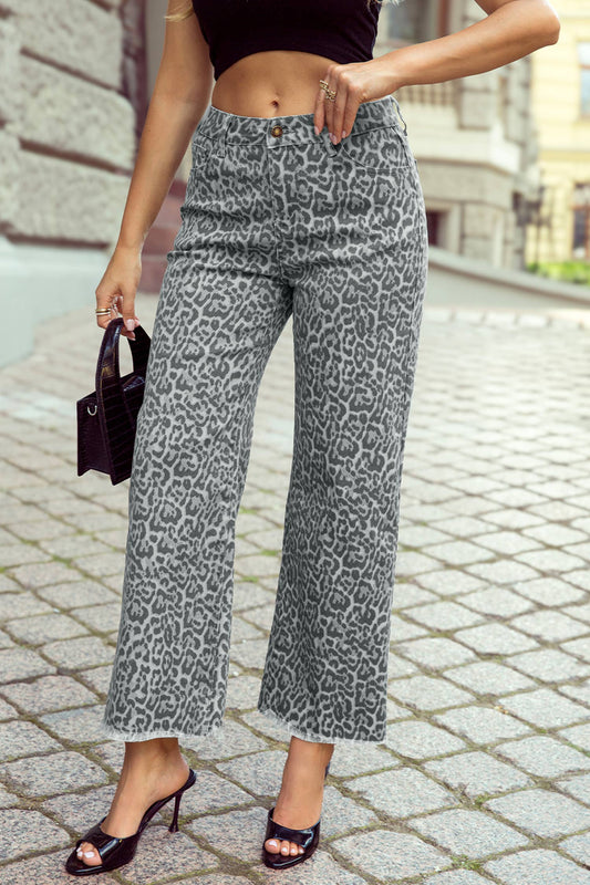 Grey Leopard Wide Leg HW Stretch Jeans