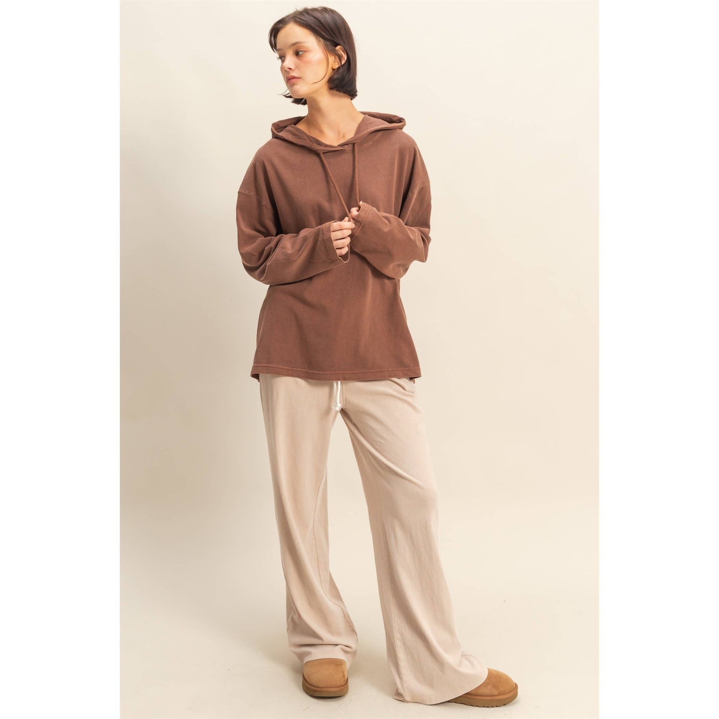 Oversized Hooded Long-Sleeve Top: CHESTNUT