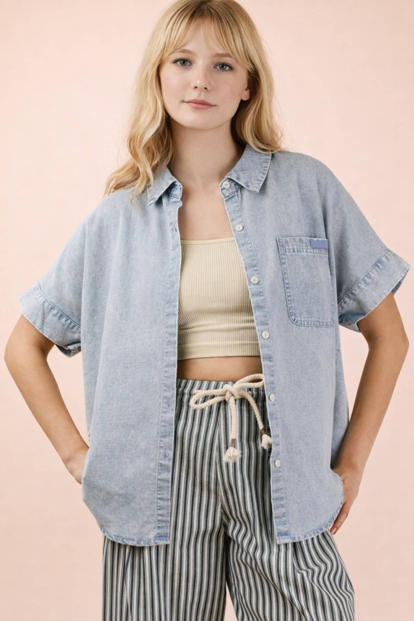 Mineral Washed Chambray Oversized Shirt: LT INDIGO