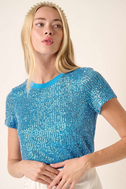 SEQUIN SHORT SLEEVE KNIT TOP