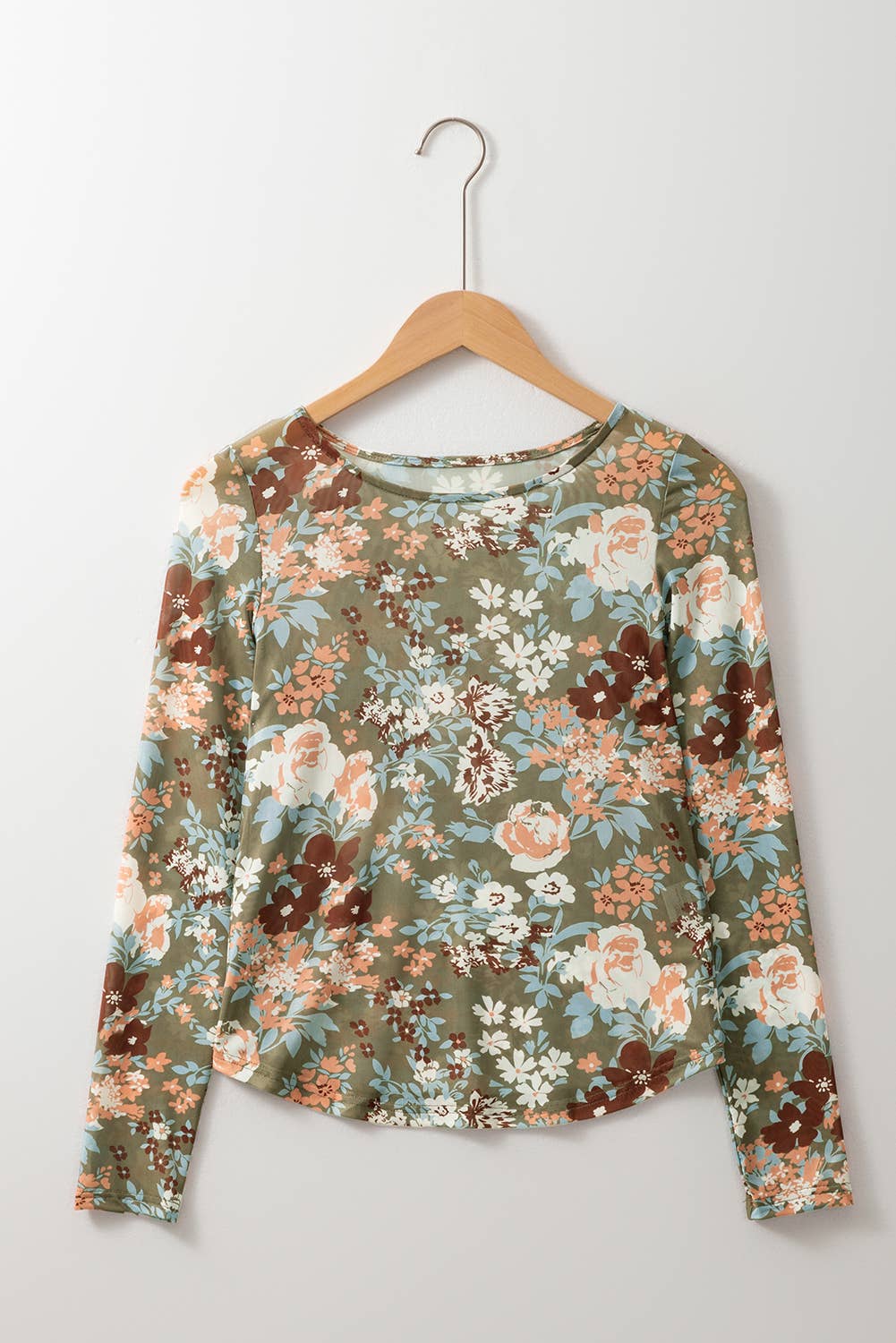 Sage Floral Mesh Long Sleeve Top