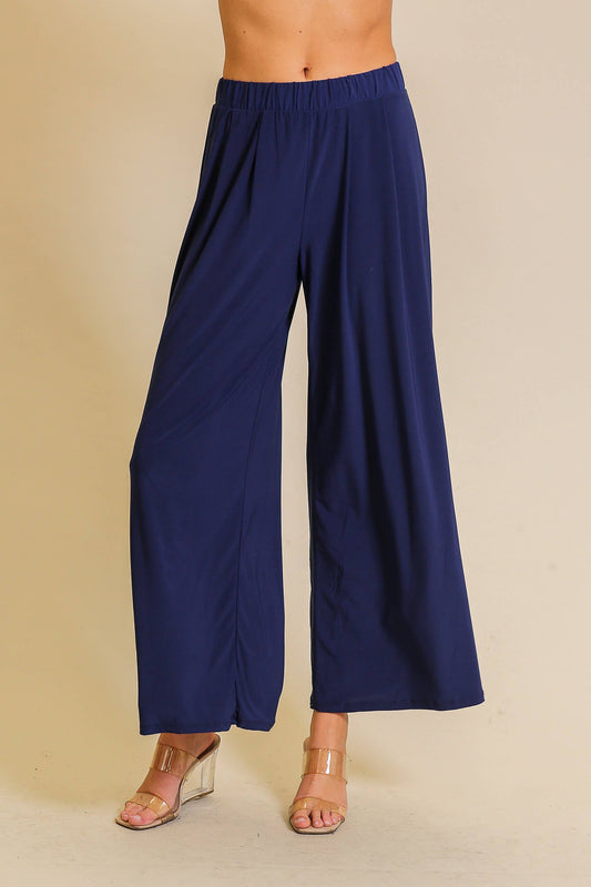 Elastic HW Knit Wide Leg Pants: Navy