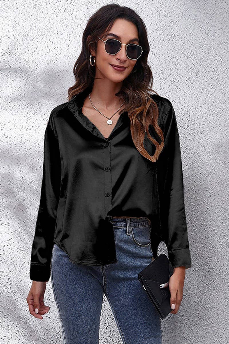 Button Down Satin Long Sleeve Top: White
