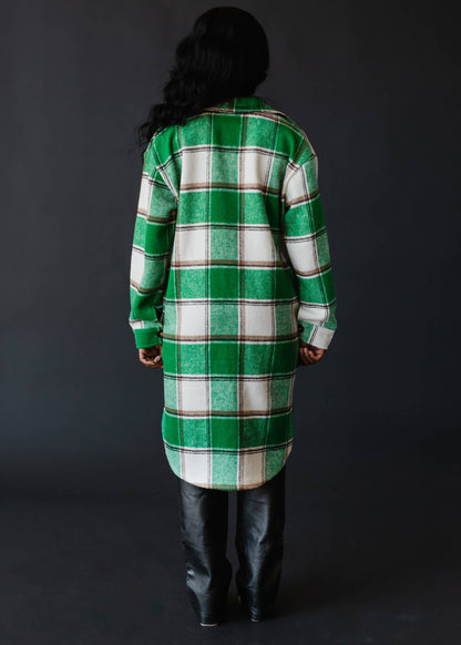 Green, White & Tan Plaid Long Flannel