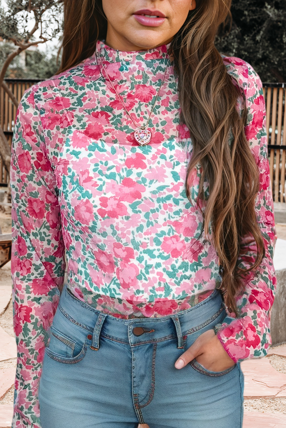 Floral Mesh Mock Neck Top: Pink