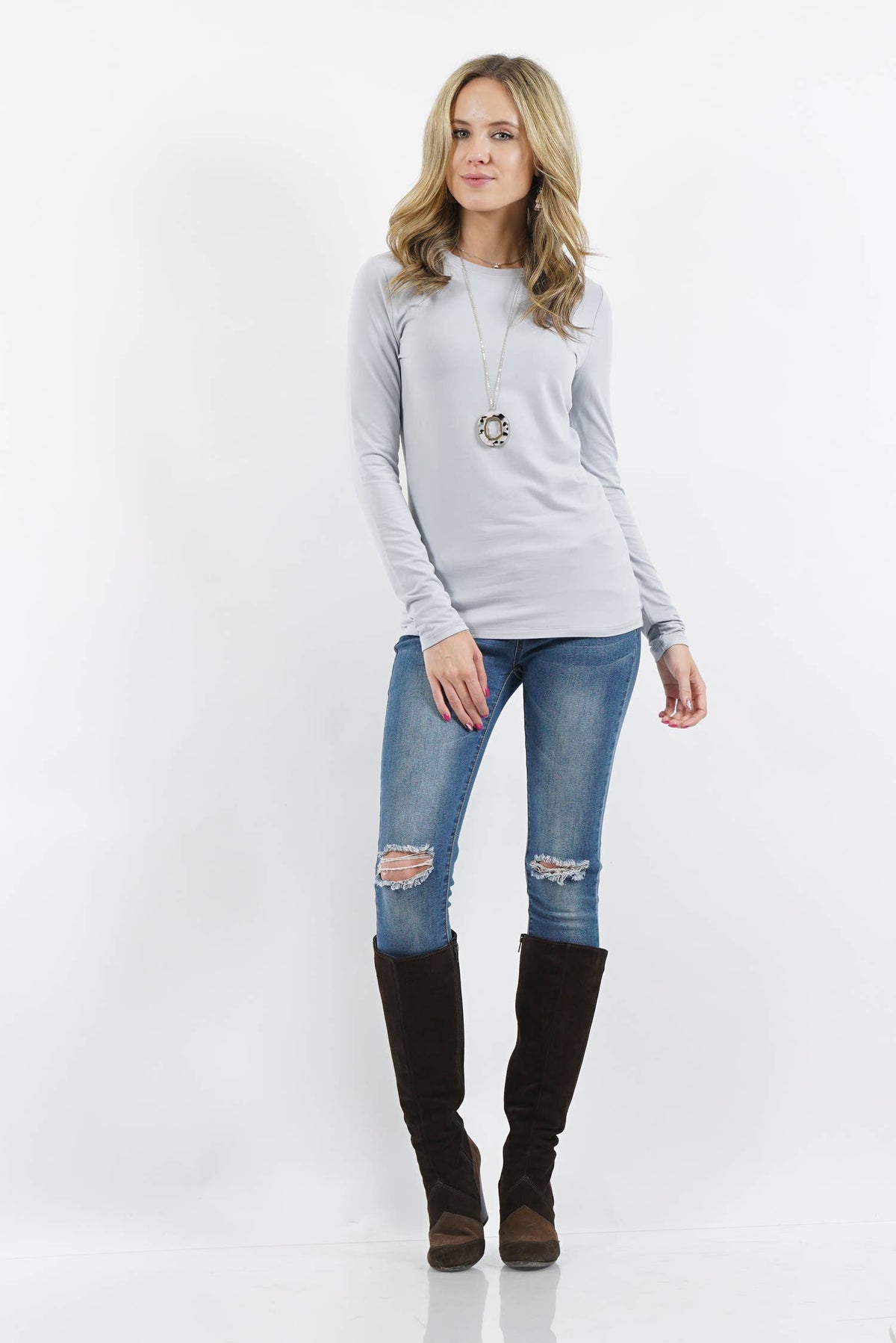 Super Soft Long Sleeve Basic Tee: Lt. Grey