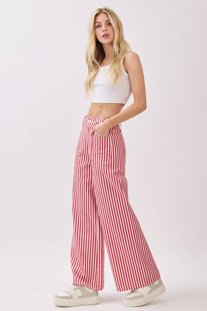 Lightweight Twill Stripe Wide Leg Pants (RED)