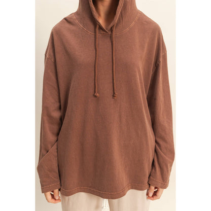 Oversized Hooded Long-Sleeve Top: CHESTNUT